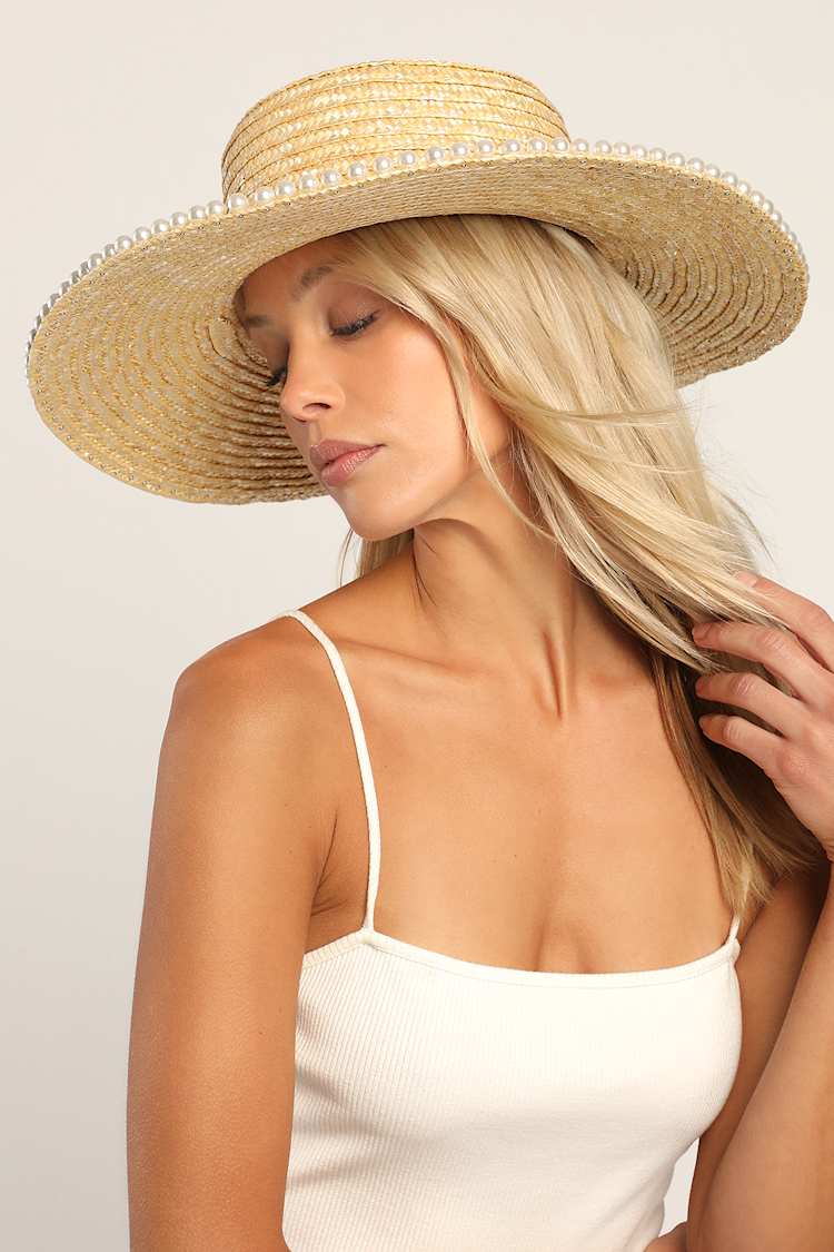 Straw Boater Hat - Embellished Hat - Straw Hat - Pearl Sun 