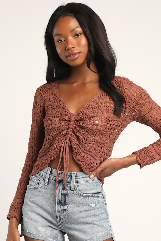 Only Yours Washed Burgundy Sheer Crochet Ruched Sweater Top 11