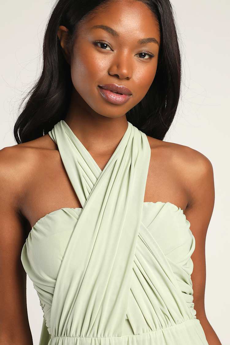 green convertible maxi dress A-line Satin Maxi Bridesmaid Dress With Convertible Off-the-shoulder Or Strapless Looks In Sage