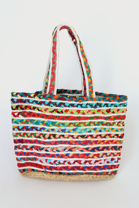 Boardwalk Babe Red Multi Woven Fabric and Straw Tote 3