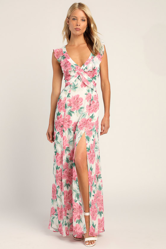 Sensational Spring White Floral Print Ruffled Maxi Dress