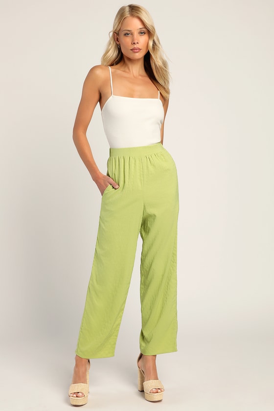 Lime Green Textured Pants - Cropped Straight Leg Pants - Pants - Lulus