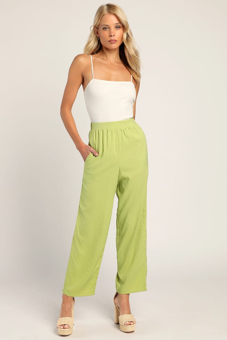Straight On Lime Green Textured Cropped Straight Leg Pants
