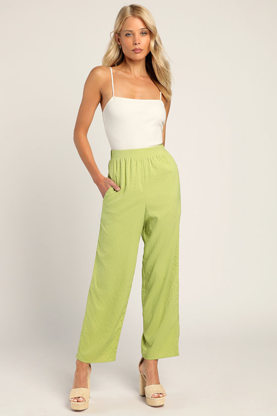 Straight On Lime Green Textured Cropped Straight Leg Pants 1