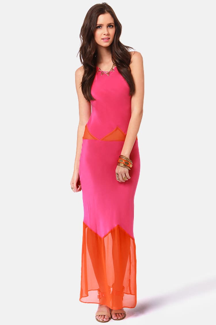 open lace back dress Zapakasa Women Orange and Fuchsia Long Color Block Patchwork Formal Dress  with Bow Pleated One Shoulder A Line Wedding Guest Dress
