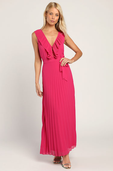 Hot Pink Chiffon Maxi Dress - Pink Maxi Dress - Pleated Dress