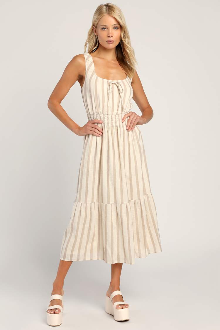 Ivory Striped Dress - Linen Blend Midi Dress - Sleeveless Dress - Lulus