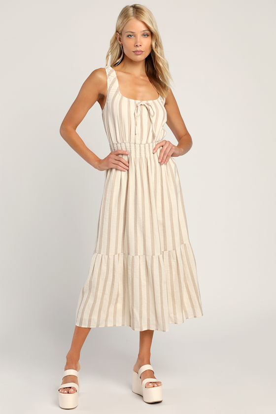 Beautiful Breezes Ivory Striped Linen Blend Midi Dress 2