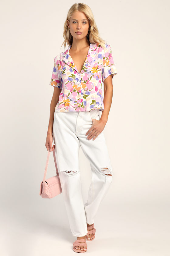 Floral Fun Ivory Floral Print Button-Up Crop Top 3