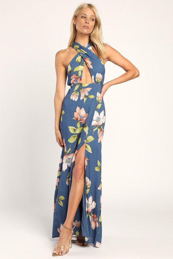 Blue Floral Dress - Cutout Maxi Dress - Backless Halter Dress - Lulus