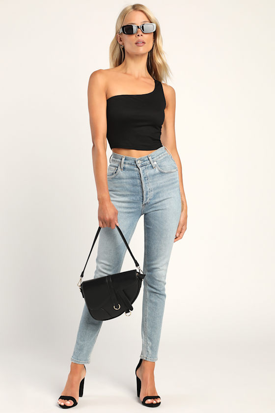 Always Relaxed Black Ribbed Knit One-Shoulder Crop Top 3