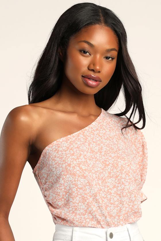 Pink Floral Print Bodysuit OneShoulder Bodysuit Women's Tops Lulus
