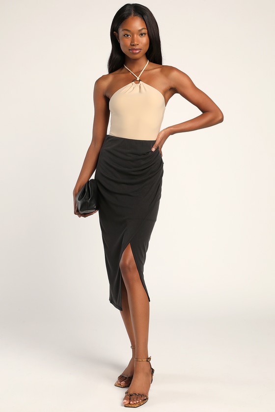 Black Knit Skirt - Faux-Wrap Midi Skirt - Overlapping Skirt - Lulus