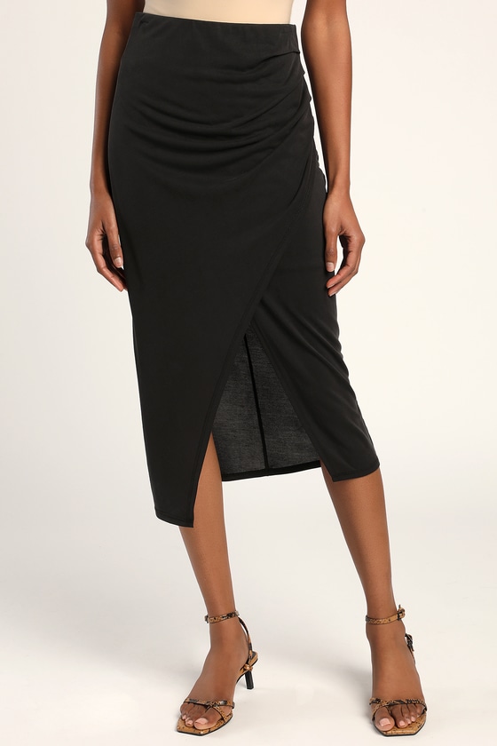 Black Knit Skirt - Faux-Wrap Midi Skirt - Overlapping Skirt - Lulus