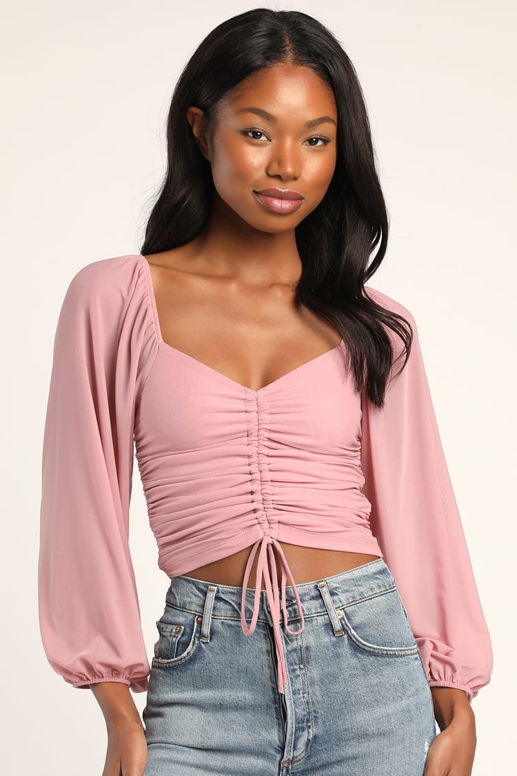 Completely Charmed Mauve Pink Ruched Long Sleeve Crop Top