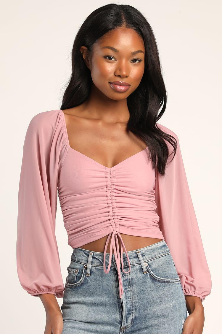 Pink Mesh Top - Drawstring Ruched Top - Long Sleeve Crop Top - Lulus