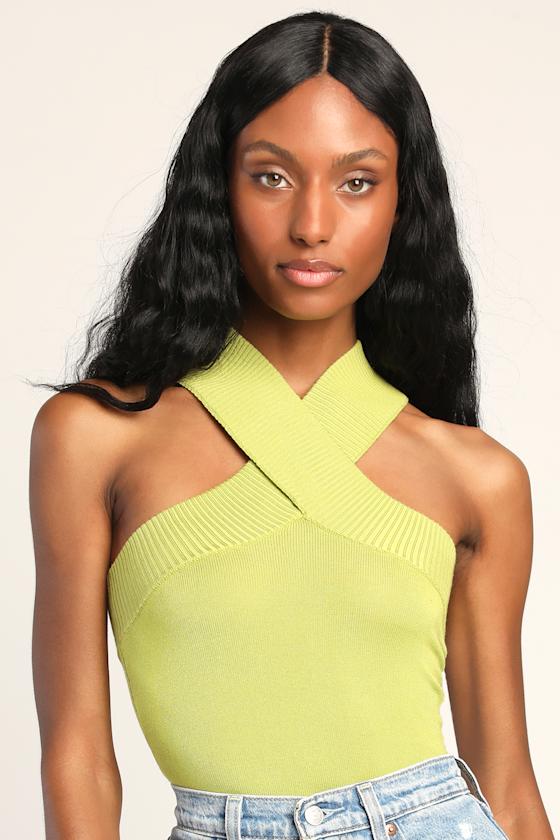 Don't Cross Me Light Green Sweater Knit Sleeveless Bodysuit 1