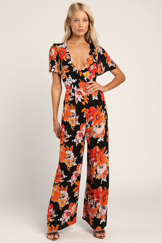 Black Floral Jumpsuit - Short Sleeve Jumpsuit - Wide-Leg Jumpsuit - Lulus