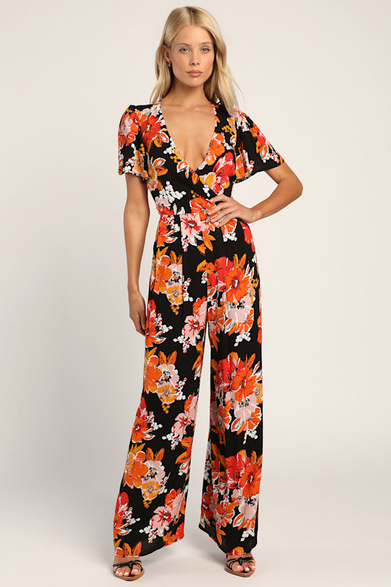 Getaway Vibes Black Floral Print Short Sleeve Wide-Leg Jumpsuit 2