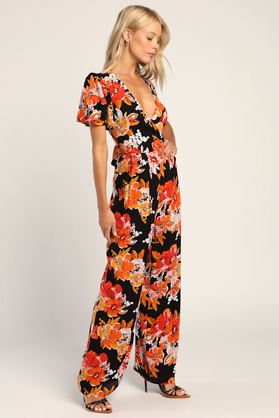Getaway Vibes Black Floral Print Short Sleeve Wide-Leg Jumpsuit 4