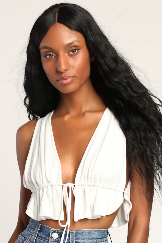 Sunniest Vibe Ivory Sleeveless Ruffled Tie-Front Top 1