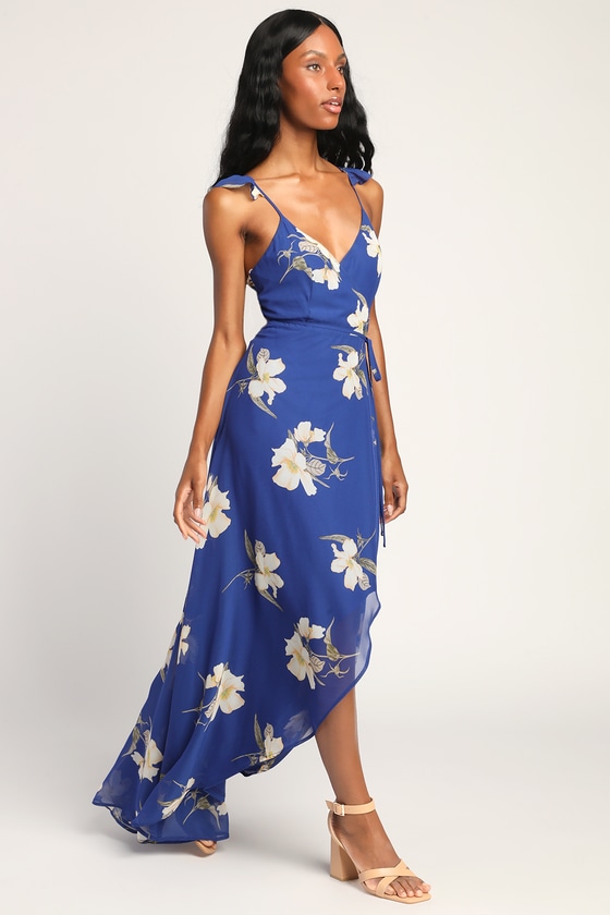 Blue Floral Print Dress - Wrap Dress - Side Slit Maxi Dress - Lulus