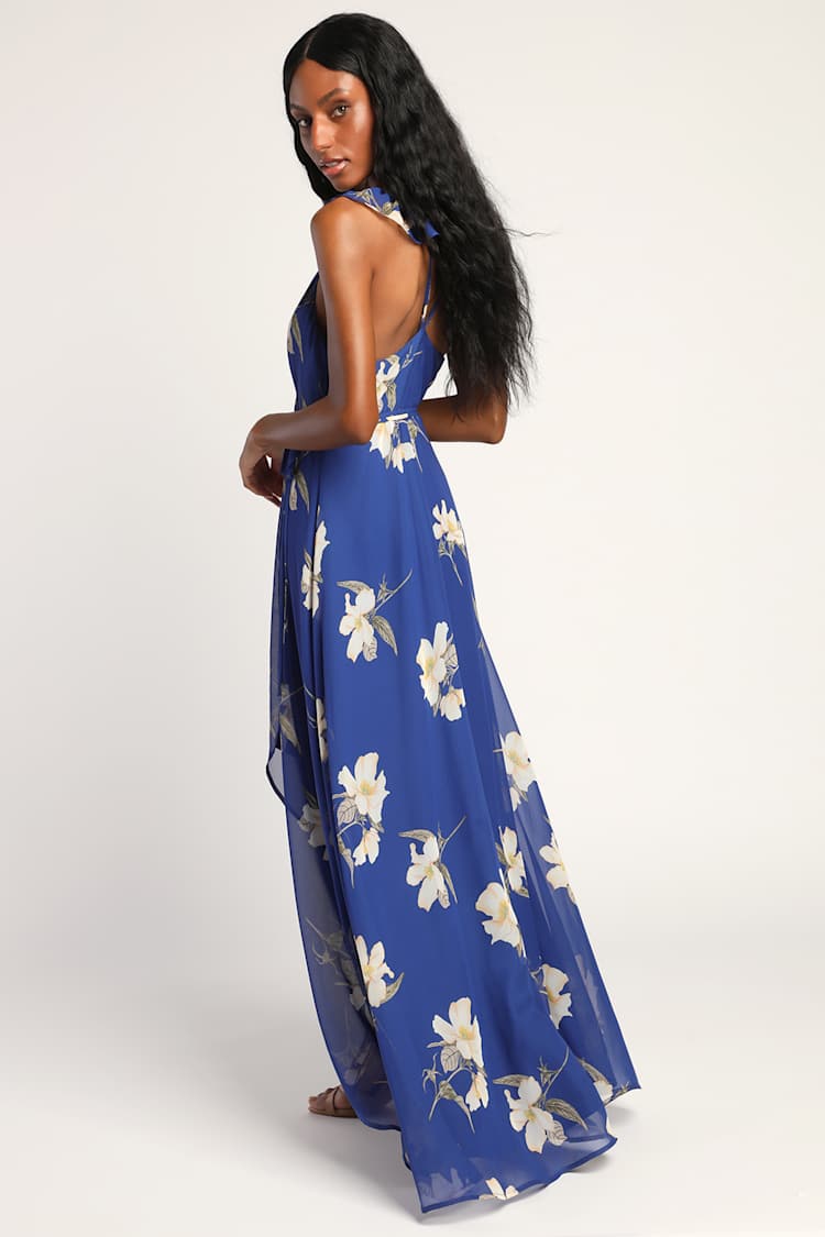 Blue Floral Print Dress - Wrap Dress - Side Slit Maxi Dress - Lulus