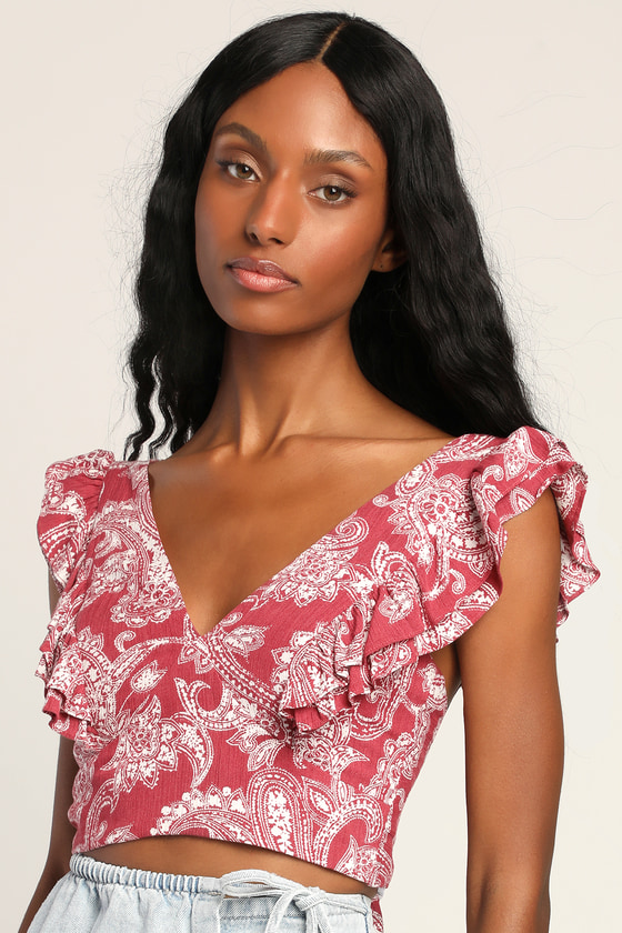 Rusty Rose Tie-Back Top - Paisley Crop Top - Ruffled Backless Top - Lulus
