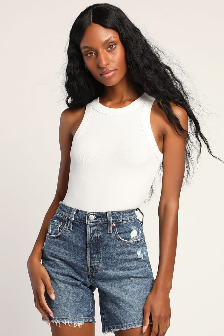 Levi's 501 Mid Thigh - Long Denim Shorts - Med Wash Cutoff Shorts - Lulus