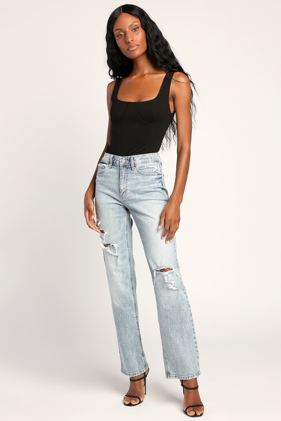 Light Wash Dad Jeans - High Rise Jeans - Distressed Torn Jeans - Lulus
