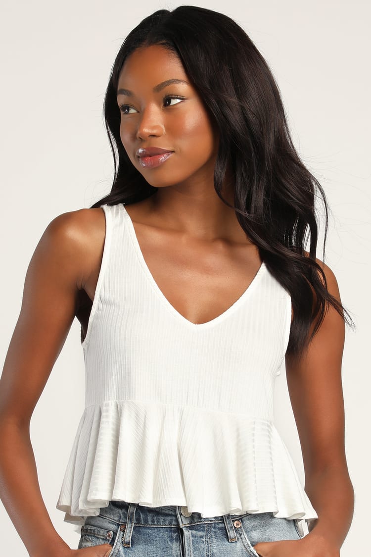 Ivory Ribbed Top - V-Neck Top - Ivory Ruffled Crop Top - Lulus