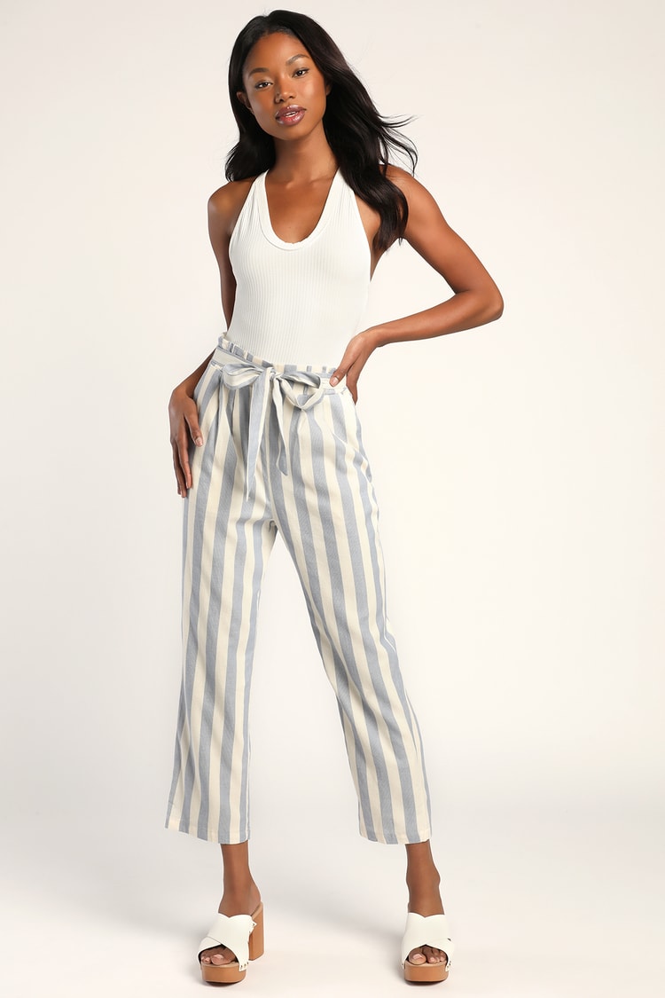 All A-Boat You Blue and Ivory Striped Paperbag Waist Pants