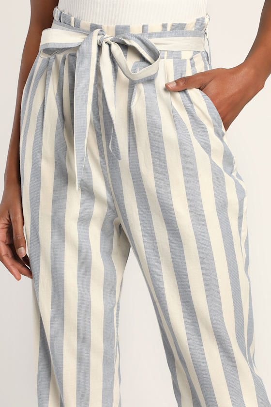 Blue and White Striped Pants - Paperbag Pants - High Waisted