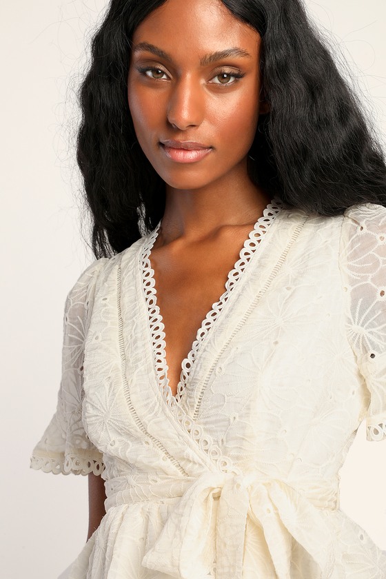 Cream Embroidered Top - Peplum Top - White Surplice Top - Lulus