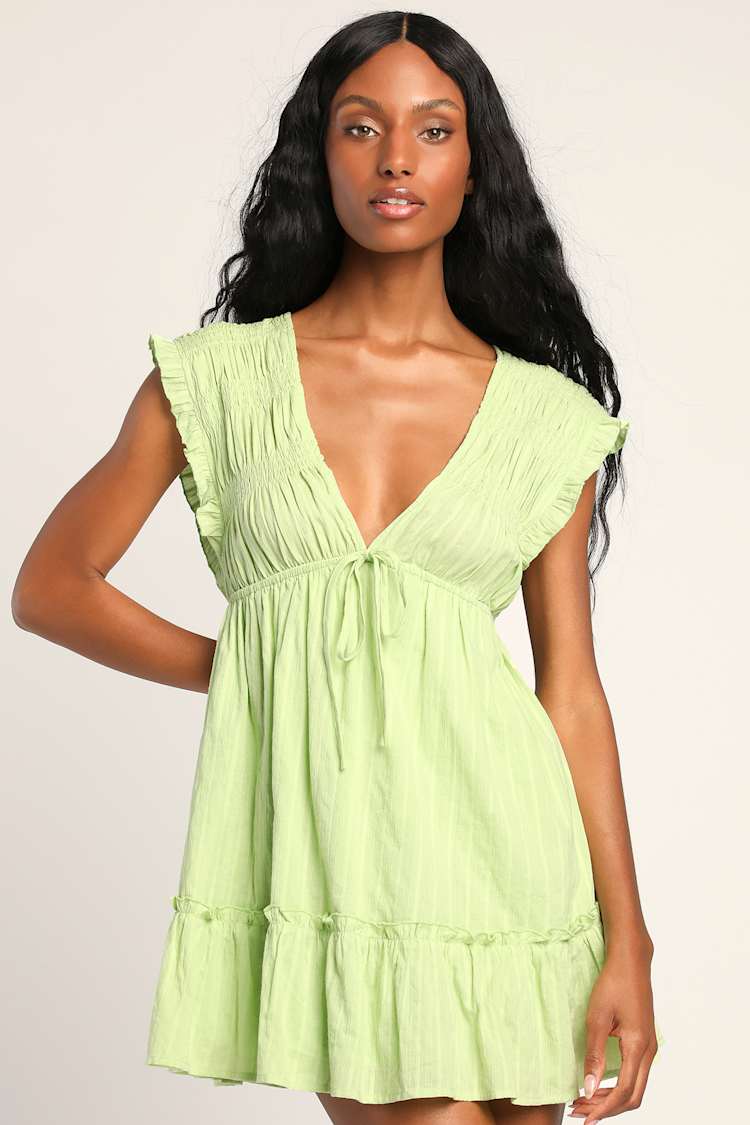 Green Smocked Mini Dress - V-Neck Mini Dress - Boxy Mini Dress - Lulus Green Smocked Mini Dress - V-Neck Mini Dress - Boxy Mini Dress - Lulus