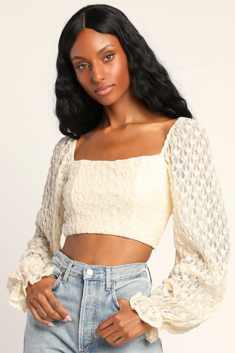 Forever a Romantic Cream Mesh Lace Balloon Sleeve Crop Top