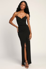 Sweetest Admirer Black Ruched Surplice Maxi Dress