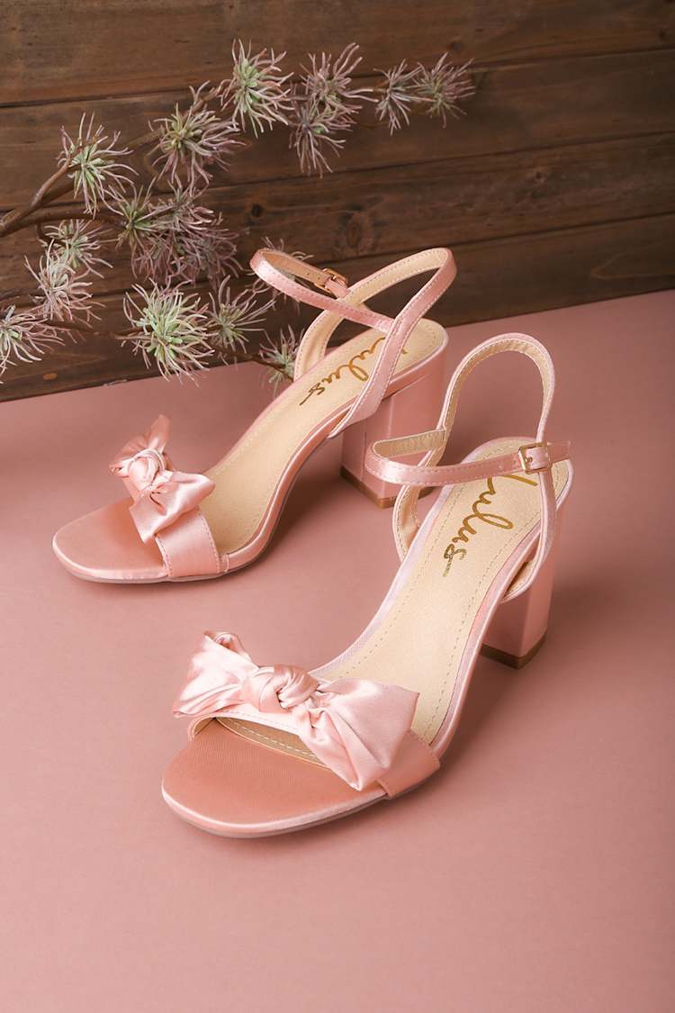 Aryliana Blush Satin Bow Ankle Strap High Heel Sandals