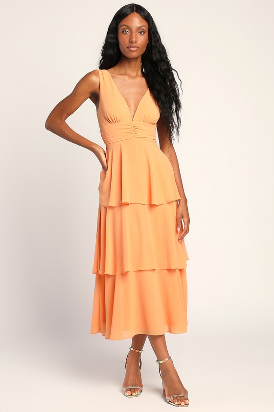 Lulus Celebration Time Light Orange Sleeveless Tiered Midi Dress