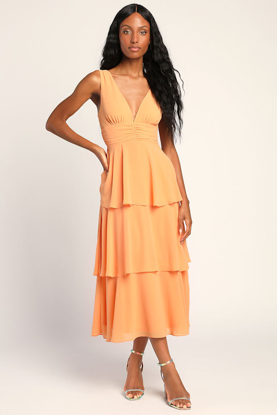 Celebration Time Light Orange Sleeveless Tiered Midi Dress 2