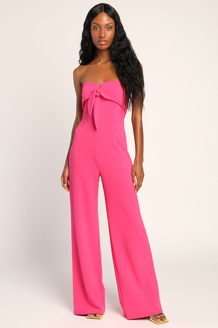 Ready to Impress Hot Pink Strapless Tie-Front Wide-Leg Jumpsuit