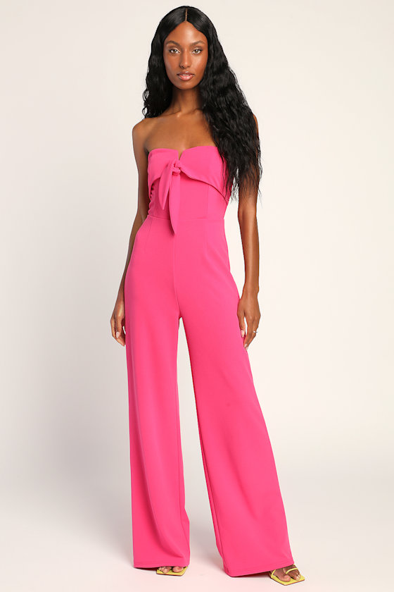 Ready to Impress Hot Pink Strapless Tie-Front Wide-Leg Jumpsuit 2