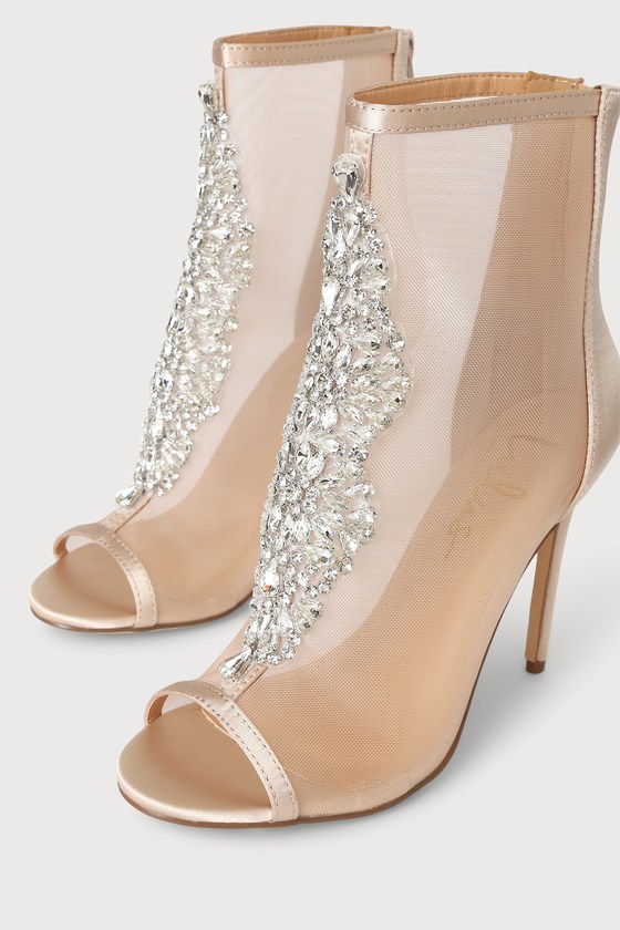 Hanakun Rose Gold Satin Rhinestone Peep-Toe Booties