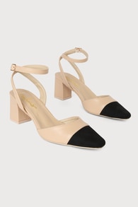 Lelaya Black and Light Nude Ankle Strap Pointed Toe Pumps