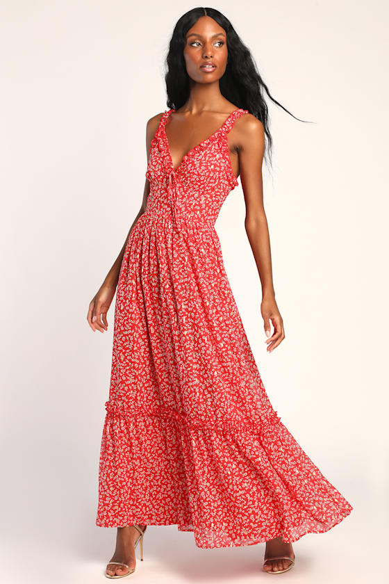 Red Floral Maxi Dress Ruffled Maxi Dress Red Floral Dress Lulus