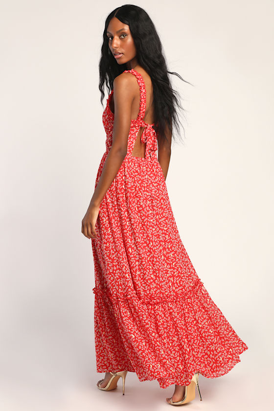 Summer Ease Red Floral Tie-Back Chiffon Maxi Dress 5