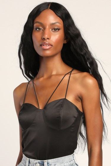 Strappy Days Black Satin Bustier Bodysuit