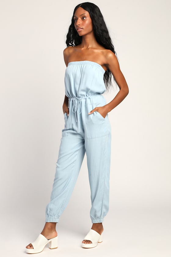 Best Days Out Light Blue Strapless Chambray Drawstring Jumpsuit 3