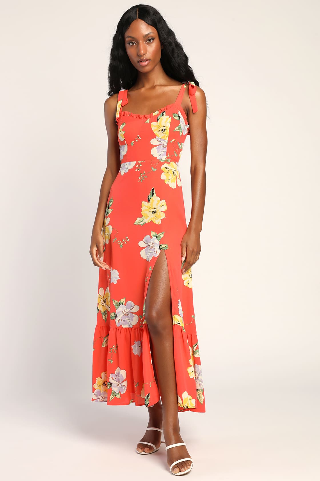 Orange Floral Print Dress TieStrap Dress Ruffled Maxi Dress Lulus