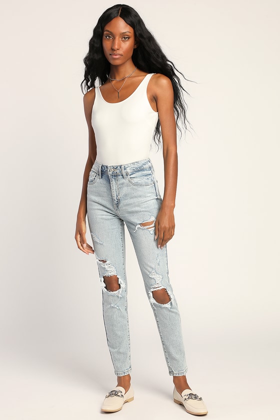 Light Wash Denim Jeans - Mom Jeans - Distressed Denim Jeans - Lulus